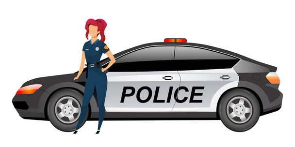Woman cop standing by automobile flat color vector faceless character. Female police officer isolated cartoon illustration for web graphic design and animation. Smiling policewoman near patrol car - Vector, Image