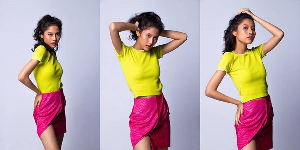 20er Jahre Junge Asiatin als Fashion Model trägt Grünes Hemd und neonrosa kurzen Rock mit Silikon pinky Handtasche Handtasche Handtasche Clutch, Studio Beleuchtung graue Hintergründe isoliert, Collage Gruppe Pack Porträt - Foto, Bild