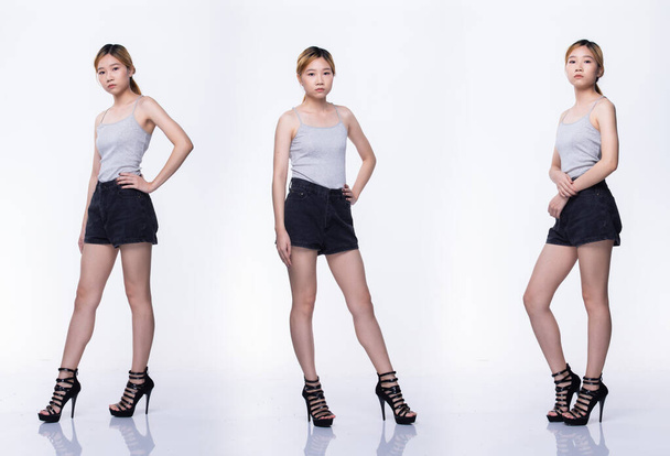 Collage Group Pack of Young Teenager Asian Woman ξανθό χρώμα ετοιμοθάνατα μαλλιά γκρι πουκάμισο ψηλά τακούνια παπούτσια ποζάρουν με full length σώμα snap σε καλή διάθεση αισιόδοξη. Studio Φωτισμός λευκό φόντο απομονωμένο - Φωτογραφία, εικόνα