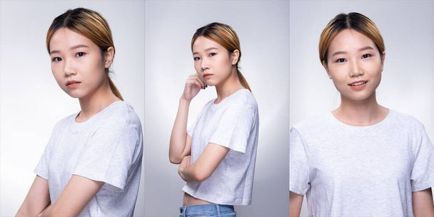 コラージュグループパックの若い十代のアジアの女性のブロンドの色は良い気分の熱意と楽観的に笑顔と腕で白髪のシャツのポーズを死にます.スタジオ照明白背景分離 - 写真・画像