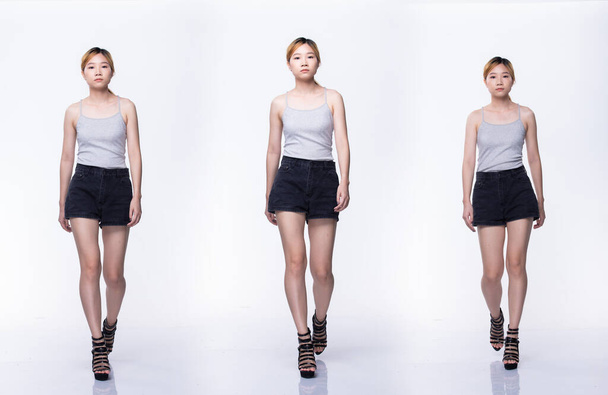コラージュグループパックの若い十代のアジアの女性ブロンド色死ぬ髪グレーのシャツ高ヒールの靴で歩くフル長さボディスナップで良い気分楽観的。スタジオ照明白背景分離 - 写真・画像