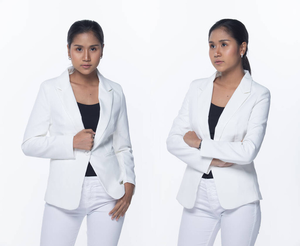 Portrait Half Body Snap Figure, Asian Business Woman Stand in White Formal proper Suit pants and shoes, studio lighting white background isolated, Lawyer Boss act posing smile smart look - Photo, Image