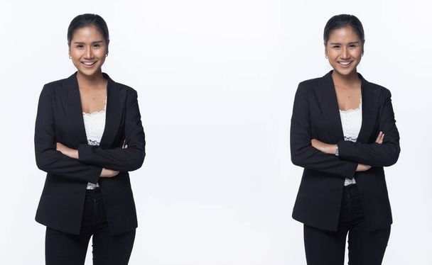 Portrait half body Snap Figure, Asian Business Woman Stand in black Formal proper Suit pants, studio lighting white background isolated, Lawyer Boss act posing smile smart look fashion sign - Photo, Image