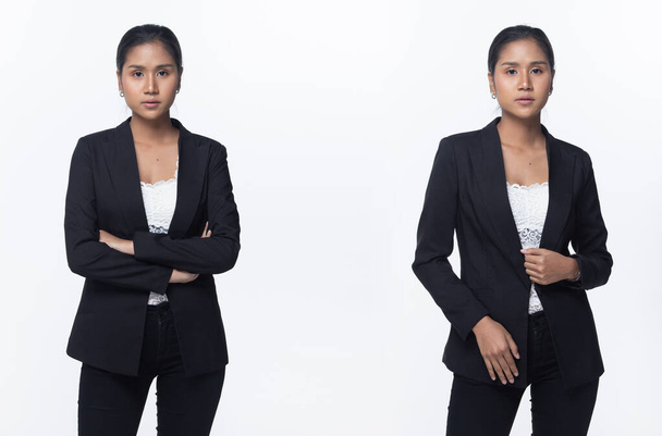 Portrait half body Snap Figure, Asian Business Woman Stand in black Formal proper Suit pants, studio lighting white background isolated, Lawyer Boss act posing smile smart look fashion sign - Photo, Image