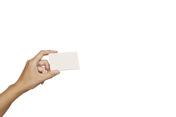 Female Hand Or Male Hand Holding Paper Blank Business Card On White Background, Financial And Business Concepts - Valokuva, kuva
