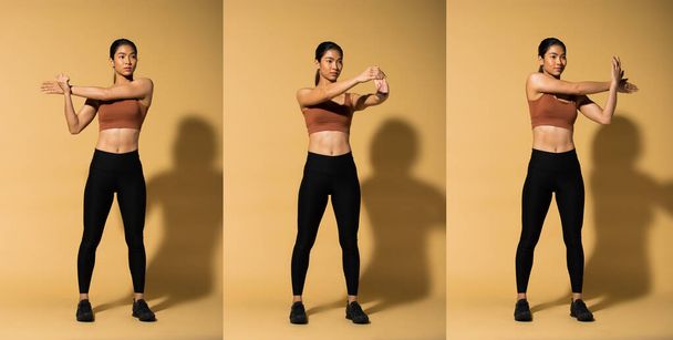 Asiatische schlanke Fitness-Frau Übung Aufwärmen Stretch-Arme Beine, Studio Beleuchtung gelb beige Senf Hintergrund Schatten Kopierraum, Konzept Woman Can Do Athlet Sport 6 Packs - Foto, Bild