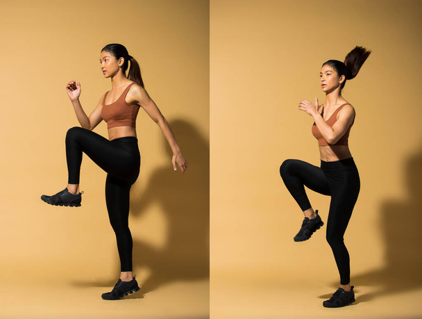 Asian slim Fitness woman exercise warm up stretch arms legs, studio lighting yellow beige mustard background shadow copy space, concept Woman Can Do athlete Sport 6 packs - Photo, Image