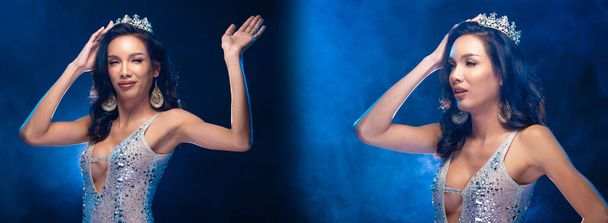 Collage group Portrét Miss Transgender Pageant Beauty Contest v modrém flitru Večerní šaty s Diamond Crown, Asijské Lgbt vlna ruka a dotyková hlava, studio osvětlení tmavé pozadí dramatické - Fotografie, Obrázek
