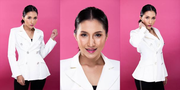 Collage Group pack Portrait of Asian Business Woman wears White Formal proper Suit, has confident smart look, studio lighting Pink background isolated, Lawyer Boss act posing smile smart look - Photo, Image
