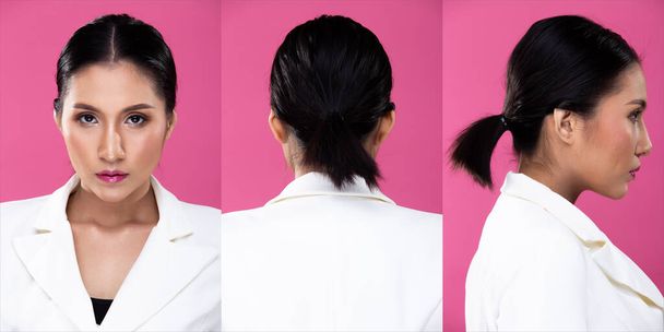 Collage Group pack Portrait of Asian Business Woman wear white Formal Blazzer Suit, confident smart look, studio lighting Pink background isolated, Lawyer Boss act posing smile smart look 360 around - Photo, Image