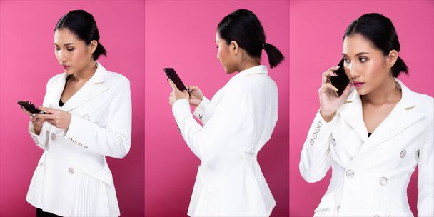 Collage Group pack Portrait of Asian Business Woman wear White Formal Blazzer Suit, chat and work on smart mobile phone, studio lighting Pink background isolated, Lawyer Boss act posing look 360 around - Photo, Image