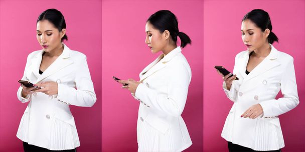 Collage Group pack Portrait of Asian Business Woman wear White Formal Blazzer Suit, chat and work on smart mobile phone, studio lighting Pink background isolated, Lawyer Boss act posing look 360 around - Photo, Image