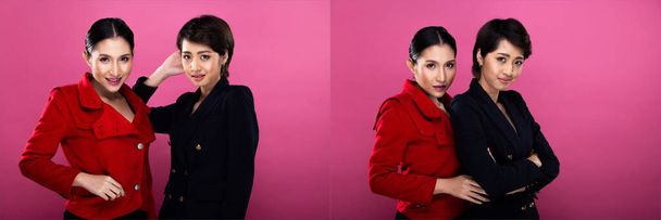 Collage Group pack Portrait of two Asian Business Woman wears red Formal proper Suit, has confident smart look, studio lighting Pink background isolated, Friends talk and smile to each other - Photo, Image