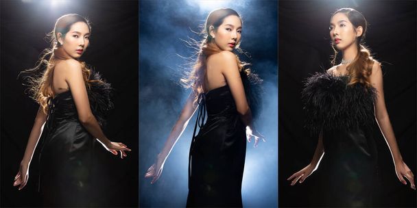 Collage Portret van jonge mooie Aziatische vrouw draagt 's avonds zwarte veren jurk. Veel Fashion Poses of Girl met hoofd rug velg licht en wind blazen voor een natuurlijke uitstraling. Studio verlichting rook achtergrond - Foto, afbeelding