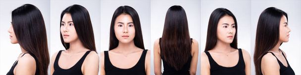 Collage Group Pack of Young 20-as ázsiai nő fekete hosszú egyenes haj visel hatalmas farmer póz mosollyal arc és karok jó hangulatban, és viszont 360 körül. Studio világítás fehér háttér elszigetelt - Fotó, kép