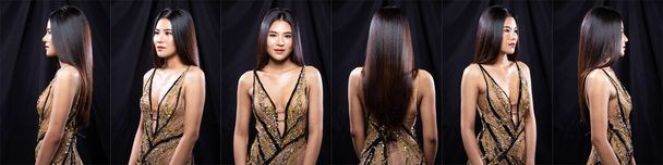 Collage Group Pack Retrato de Joven Slim Mujer Asiática lleva vestido de noche marrón, pelo largo y liso. hermosa chica poses medio cuerpo en diferencia estilo snap estudio iluminación negro fondo 360
 - Foto, Imagen
