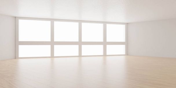 Grote witte heldere loft kamer architectuur maken 3d illustratie met glanzende houten vloer en witte textuur muren dag licht hoge sleutel verlichting - Foto, afbeelding
