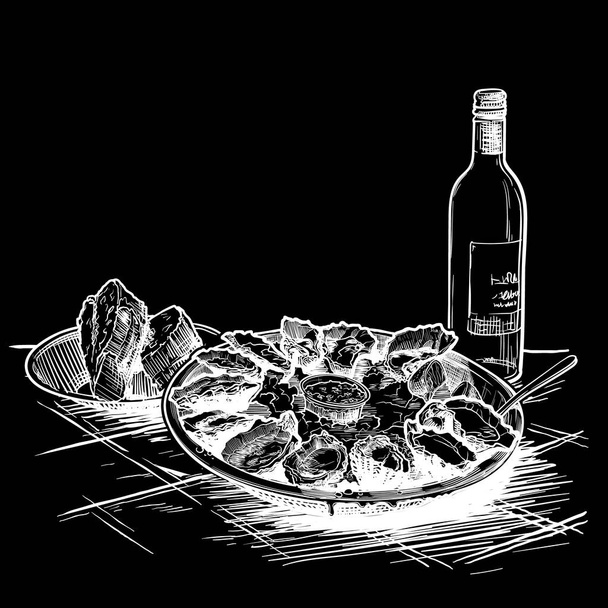 Austern auf Eis serviert mit einer Flasche Weißwein und frischem Brot. Vorlage für das Menü oder die Merch. Kreide auf einer Tafel. - Vektor, Bild