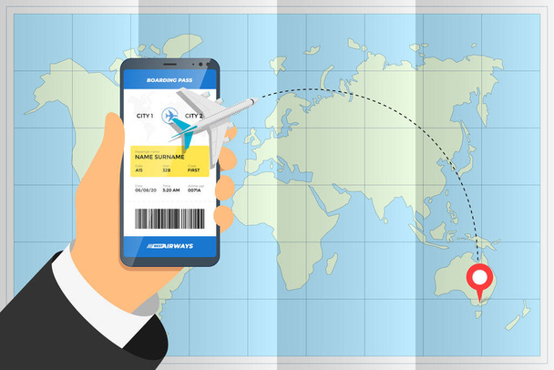 Рука держит смартфон с мобильным приложением, заказывающим авиабилет и маршрут самолета на место назначения, на булавке над сложенной картой мира. Бизнес-туризм онлайн посадочный талон
 - Вектор,изображение