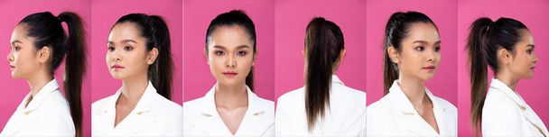 Collage Groepspakket Portret van Aziatische zakenvrouw draagt wit Formele Blazzer Maatpak, zelfverzekerde smart look, studioverlichting Roze achtergrond geïsoleerd, advocaat Boss act poseren glimlach smart look 360 rond - Foto, afbeelding