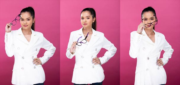 Collage Group pack Portrait of Asian Business Woman wears White Formal proper Suit glasses, has confident smart look, studio lighting Pink background isolated, Lawyer Boss act posing smile concept - Photo, Image