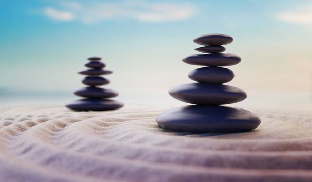 Piedras balanceadas tipo Zen en pila. Concepto de armonía y meditación. Ilustración 3D renderizada
. - Foto, Imagen