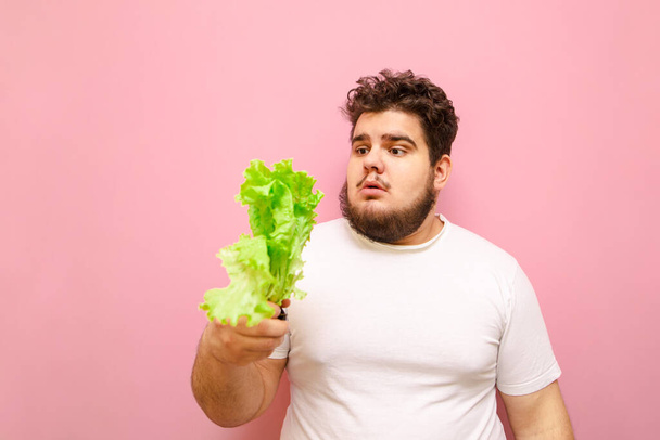 Hauska yllättynyt ylipainoinen kaveri valkoisessa t-paidassa pitää käsissään salaatin lehtiä, näyttää surullisella naamalla.Lihava nuori mies ruokavaliossa syö vihreitä, katselee salaatin lehtiä kädessään. Painonpudotuksen käsite
 - Valokuva, kuva