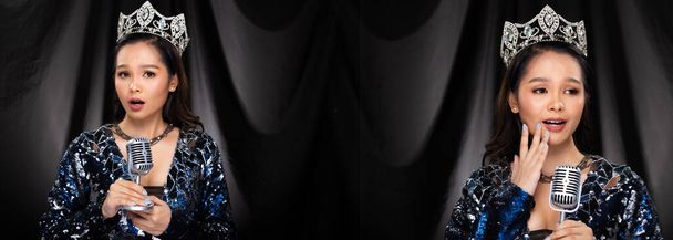 Retrato de Miss concurso de belleza del concurso de lentejuelas de plata azul vestido de noche brillante corona de diamantes, mujer asiática se siente seguro en el micrófono de entrevista, fondo de tela negra drapeado, paquete de grupo de collage
 - Foto, Imagen
