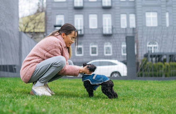 Happy attractive girl sitting on the lawn and playing with a little black dog. Cute lady on a peg with a puppy breed toy poodle, petting an animal and smiling. - Photo, Image
