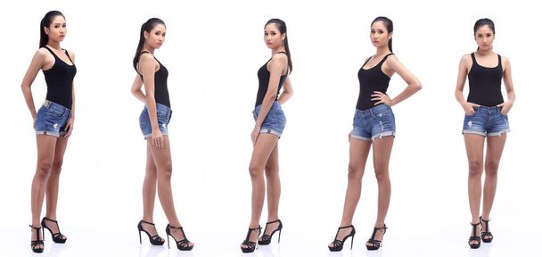 Collage group pack of Full Length Snap Figur, Asian 20s Woman Stand schwarz riesige Jeans kurze Hose und hohe Schuhe, Studio-Beleuchtung weißer Hintergrund isoliert 360 - Foto, Bild