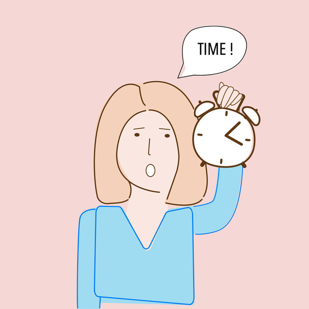 La mujer molesta sostiene un despertador. Cartel de gestión del tiempo. Tiempo perdido
 - Vector, imagen