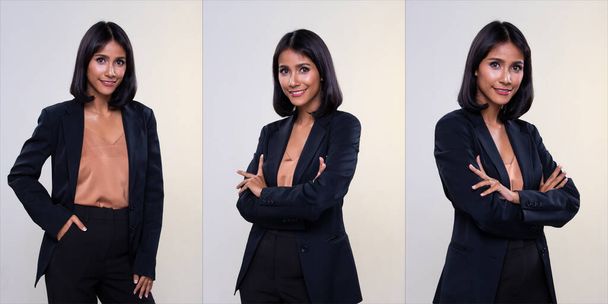 Kolaj grubu Tam Uzunluk Çekici Hintli Arap İş Kadını Resmi Takım elbise ve ayakkabılar içinde stüdyo beyaz arka plan aydınlatması, Avukat Patronu gibi poz veren gülümseme akıllı görünüm - Fotoğraf, Görsel