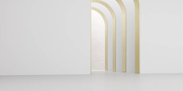Näkymä tyhjään valkoiseen huoneeseen, jossa kaari suunnittelu ja betonilattia, Museotila, kappelin sisäänkäynti, Perspektiivi minimaalinen arkkitehtuuri. 3D-kuvaus
. - Valokuva, kuva
