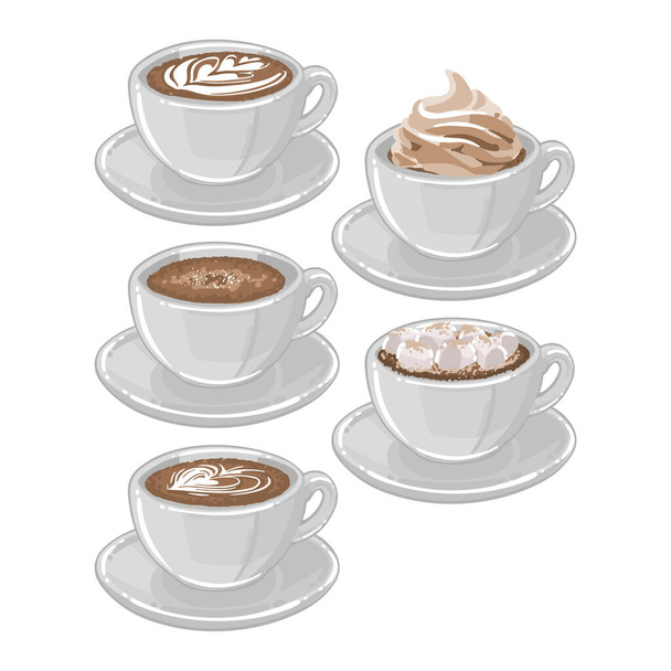 Cups of coffee, cacao or hot chocolate with botanical art, whipped cream and marshmallows - Vecteur, image