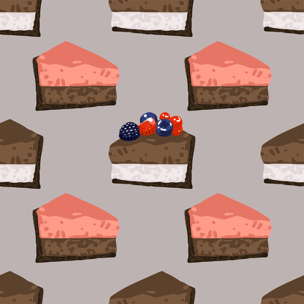 Dreieckige Kuchen Pieses von Erdbeere, Schokolade und Vanille Geschmack mit Beeren bedeckt. - Vektor, Bild