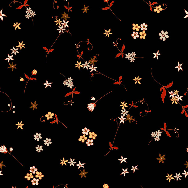 Varrat nélküli virágvektor minta apró virágok és fekete háttér dekoráció, nyomtatás, textil, szövet, írószer - Vektor, kép