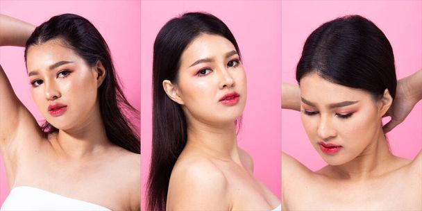 Collage Group Pack of Fashion Young 20s Asian Woman black hair beautiful make up fashion shirt dress posing attractive glam look. Studio Lighting Pink Background isolated copy space - Photo, Image