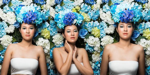 Virágkoszorú háttér Rose Blue friss illat jó Tavasz Nyár gyönyörű ázsiai nő portré, Stúdió világítás kampány parfüm, kozmetikai, rúzs koncepció hirdetések, kollázs csoport csomag - Fotó, kép