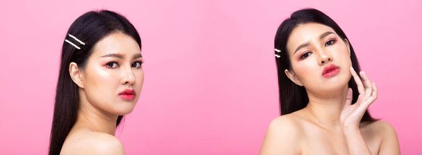 Colagem Grupo Pacote de Moda Jovem 20s Asiático Mulher cabelo preto bonito compõem vestido de camisa de moda posando olhar glam atraente. Estúdio Iluminação Rosa Fundo isolado espaço de cópia
 - Foto, Imagem