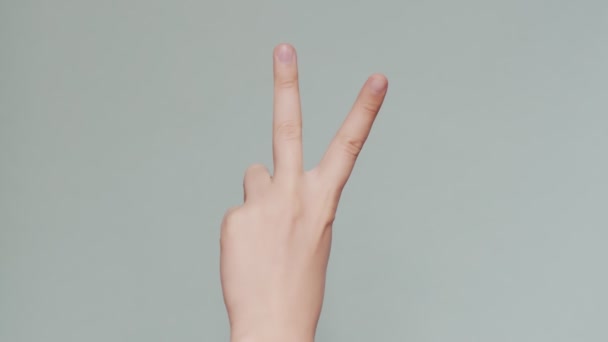 Makró videó felvétel emelkedő női kéz gesztikuláló győzelem jel beltéri elszigetelt kék-szürke háttér - Felvétel, videó