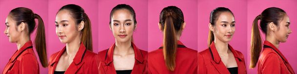 Collage Group pack Πορτρέτο της Ασιάτισσας Επιχειρηματίας φορούν κόκκινο επίσημο κοστούμι Blazzer, έχει αυτοπεποίθηση έξυπνη εμφάνιση, στούντιο φωτισμού ροζ φόντο απομονωμένο, δικηγόρος Boss πράξη που θέτουν smart look 360 γύρω - Φωτογραφία, εικόνα