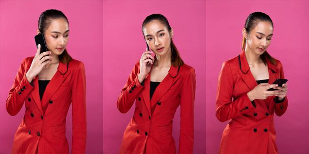 Collage Group pack Portrait of Asian Business Woman wear Red Formal Blazzer Suit, chat and work on smart mobile phone, studio lighting Pink background isolated, Lawyer Boss act posing look 360 around - Foto, Imagen