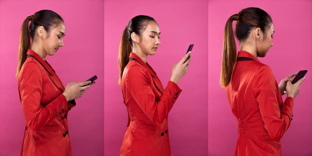 Collage Group pack Portrait of Asian Business Woman wear Red Formal Blazzer Suit, chat and work on smart mobile phone, studio lighting Pink background isolated, Lawyer Boss act posing look 360 around - Foto, Bild