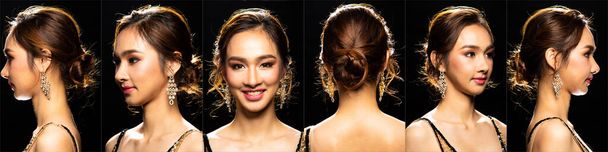 Collage group pack Portret Azjatki z uśmiechem emocji i pokazać wiele kąta twarzy, dziewczyna z makijażem i włosy nosić suknię, studio oświetlenie czarne tło - Zdjęcie, obraz