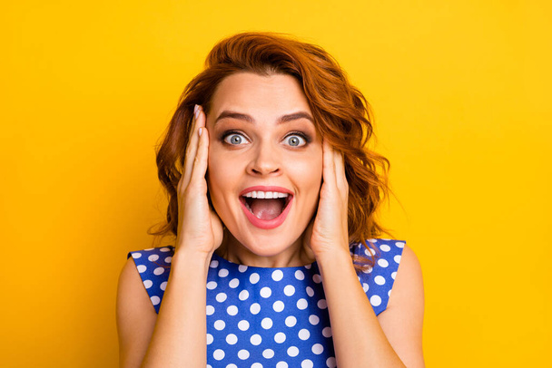 Close-up portrait of her she nice attractive lovely pretty amazed overjoyed cheerful cheery wavy-haired girl black Friday reaction isolated on bright vivid shine vibrant yellow color background - Foto, afbeelding