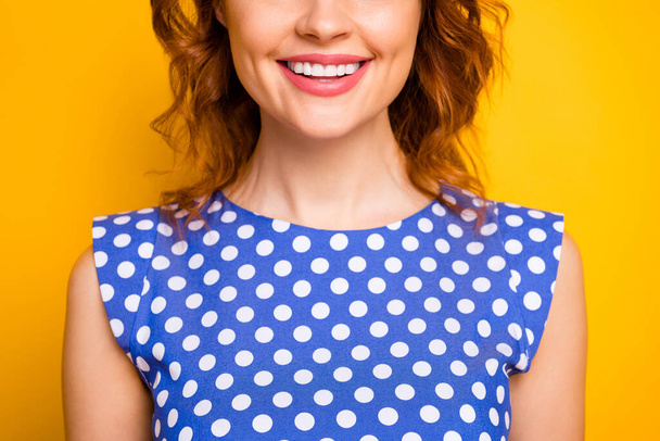 Cropped close-up view portrait of her she nice attractive lovely content cheerful cheery wavy-haired girl wearing trendy pinup dress isolated over bright vivid shine vibrant yellow color background - 写真・画像