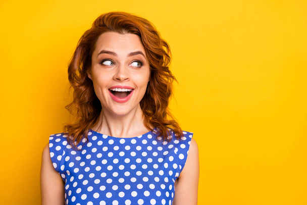 Close-up portrait of her she nice attractive lovely lovable cute pretty girlish cheerful cheery wavy-haired girl good news reaction isolated over bright vivid shine vibrant yellow color background - Foto, Bild
