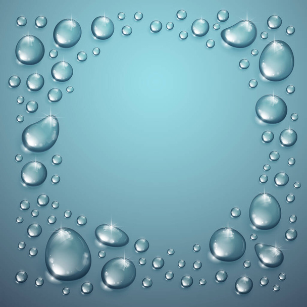 Water rain drops or condensation over blurred background frame with copy space realistic transparent 3d vector illustration, easy to put over any background or use droplets separately. - Vector, Image