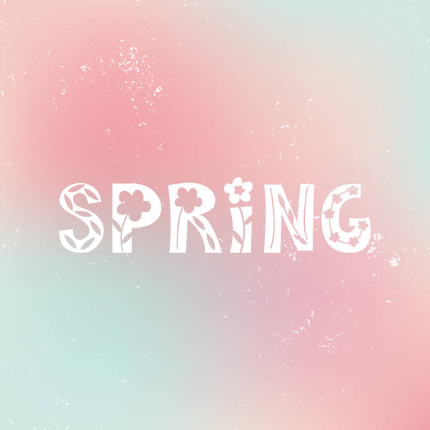 Text spring on a delicate pink gradient with textured dots and splashes. Spring card or banner. White letters on colored pastel background. Hand drawn vector illustration. Scandinavian simple style - Διάνυσμα, εικόνα