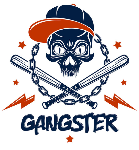 Criminal tattoo ,gang emblem or logo with aggressive skull baseball bats and other weapons and design elements, vector, bandit ghetto vintage style, gangster anarchy or mafia theme. - Vector, Image